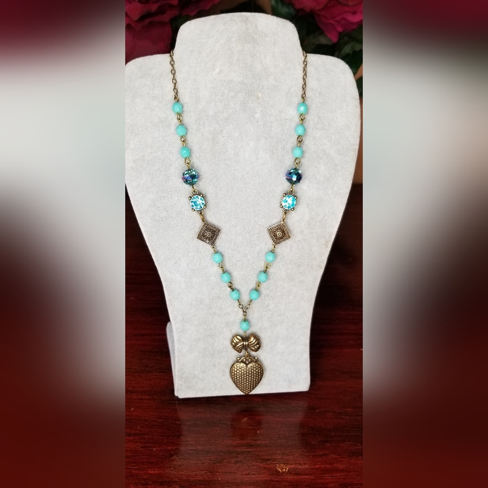 💛💠 Puffed Heart Handmade Vintage Turquoise Solid Brass Crystal Necklace 📿